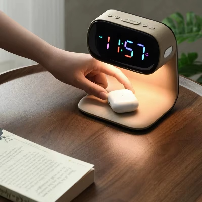 Three-in-One RGB LED Bedside Lamp Wireless Charging Night Light Colorful Clock Display Modern Wood Grain for Smart DIY Bedroom