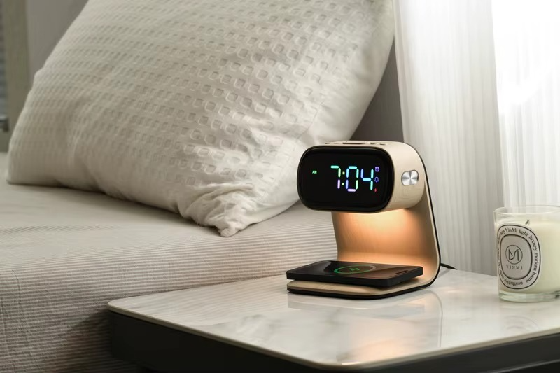 Three-in-One RGB LED Bedside Lamp Wireless Charging Night Light Colorful Clock Display Modern Wood Grain for Smart DIY Bedroom
