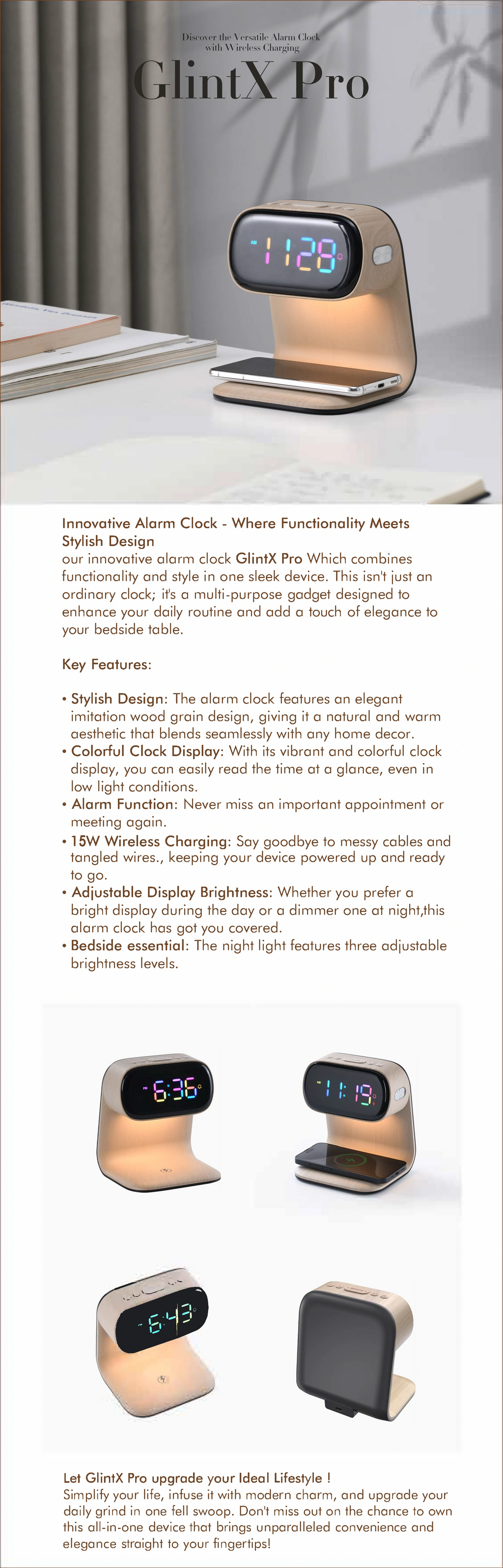 Three-in-One RGB LED Bedside Lamp Wireless Charging Night Light Colorful Clock Display Modern Wood Grain for Smart DIY Bedroom