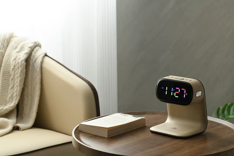 Three-in-One RGB LED Bedside Lamp Wireless Charging Night Light Colorful Clock Display Modern Wood Grain for Smart DIY Bedroom