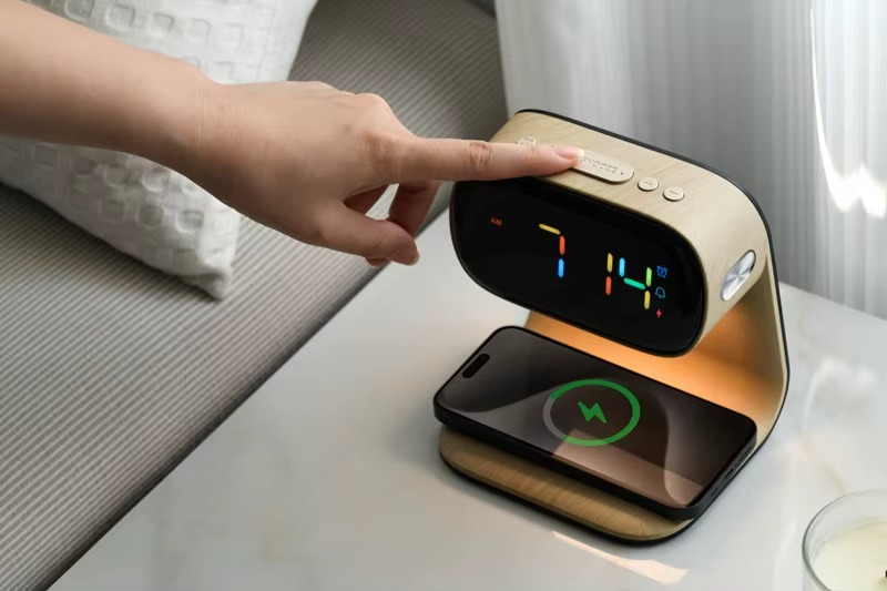 Three-in-One RGB LED Bedside Lamp Wireless Charging Night Light Colorful Clock Display Modern Wood Grain for Smart DIY Bedroom