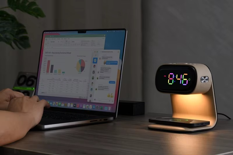 Three-in-One RGB LED Bedside Lamp Wireless Charging Night Light Colorful Clock Display Modern Wood Grain for Smart DIY Bedroom