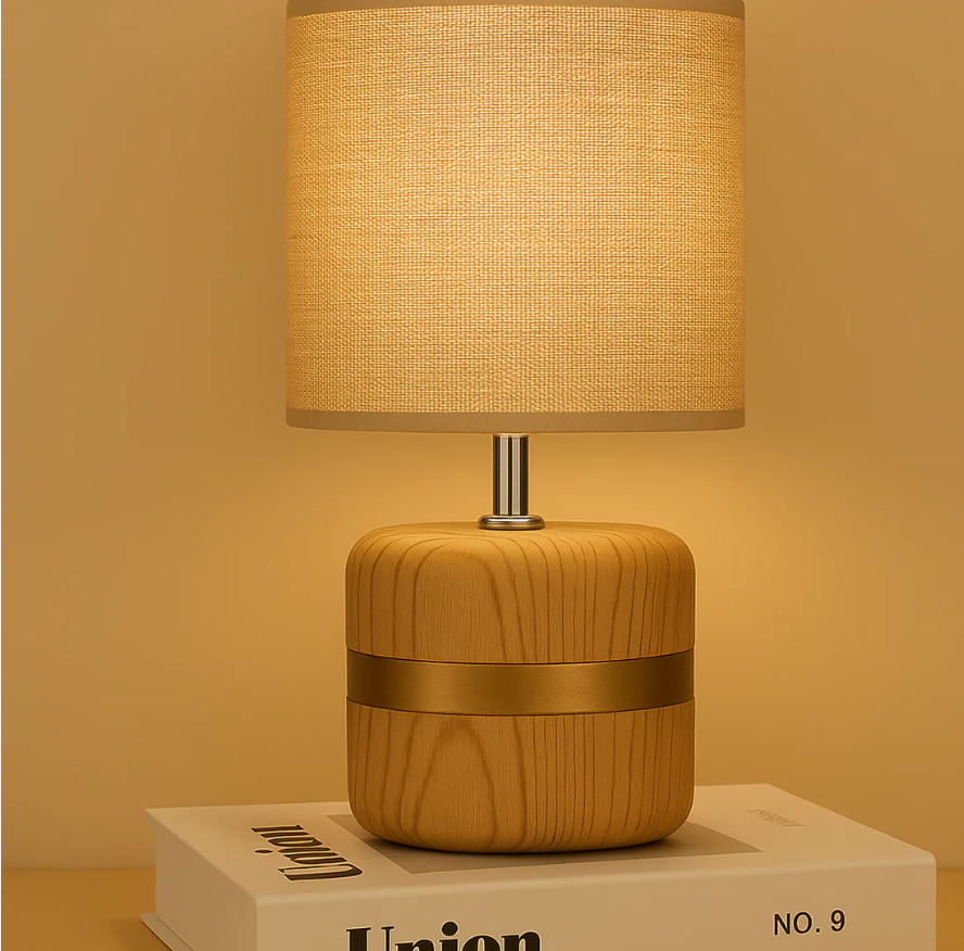 Modern Wooden Base Table Lamp with Warm Fabric Shade | Minimalist Bedside & Living Room Night Lamp | Golden Accent Decorative Lighting