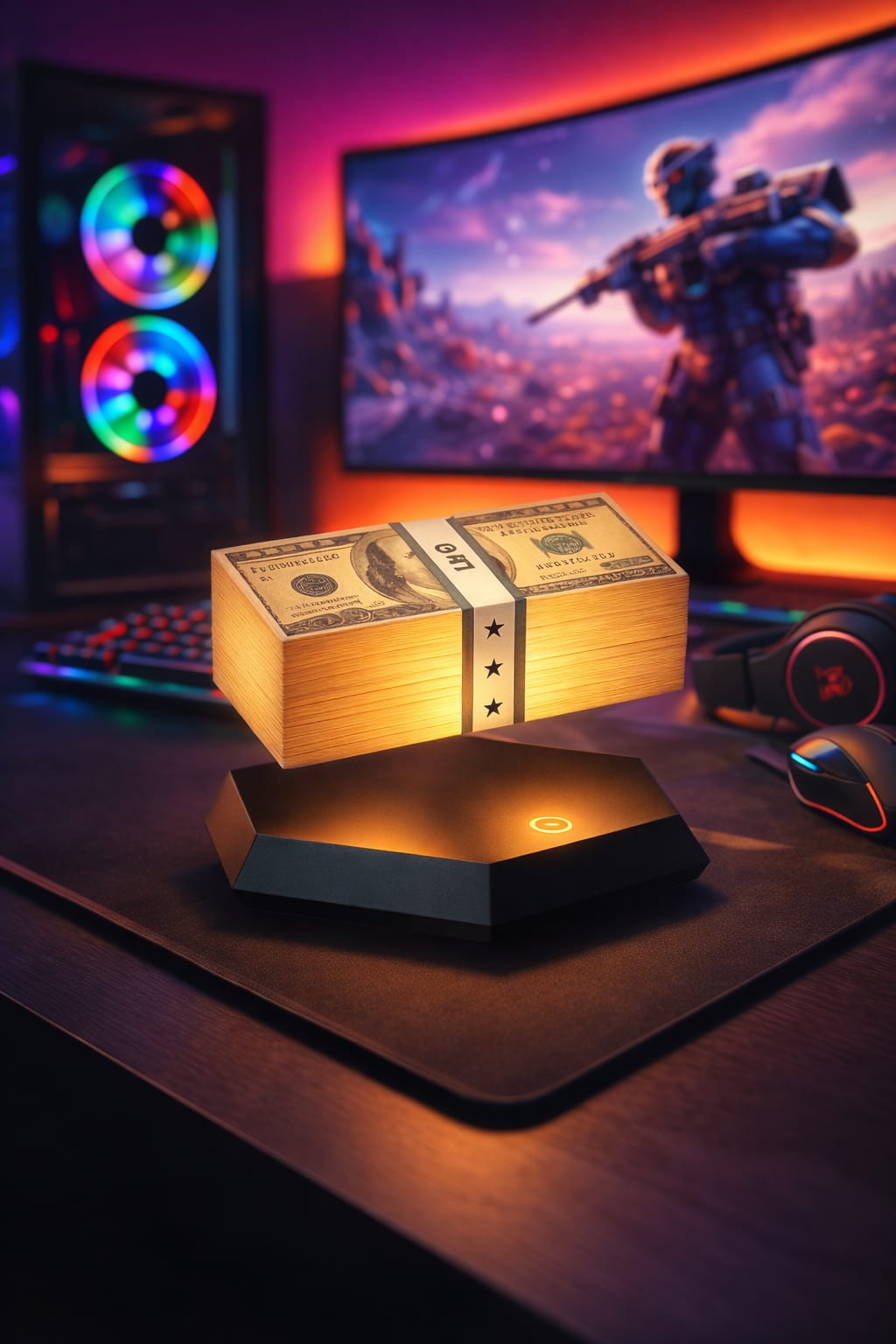 Floating Money Stack Lamp - GTA Inspired Levitating Desk Decor for Gamers