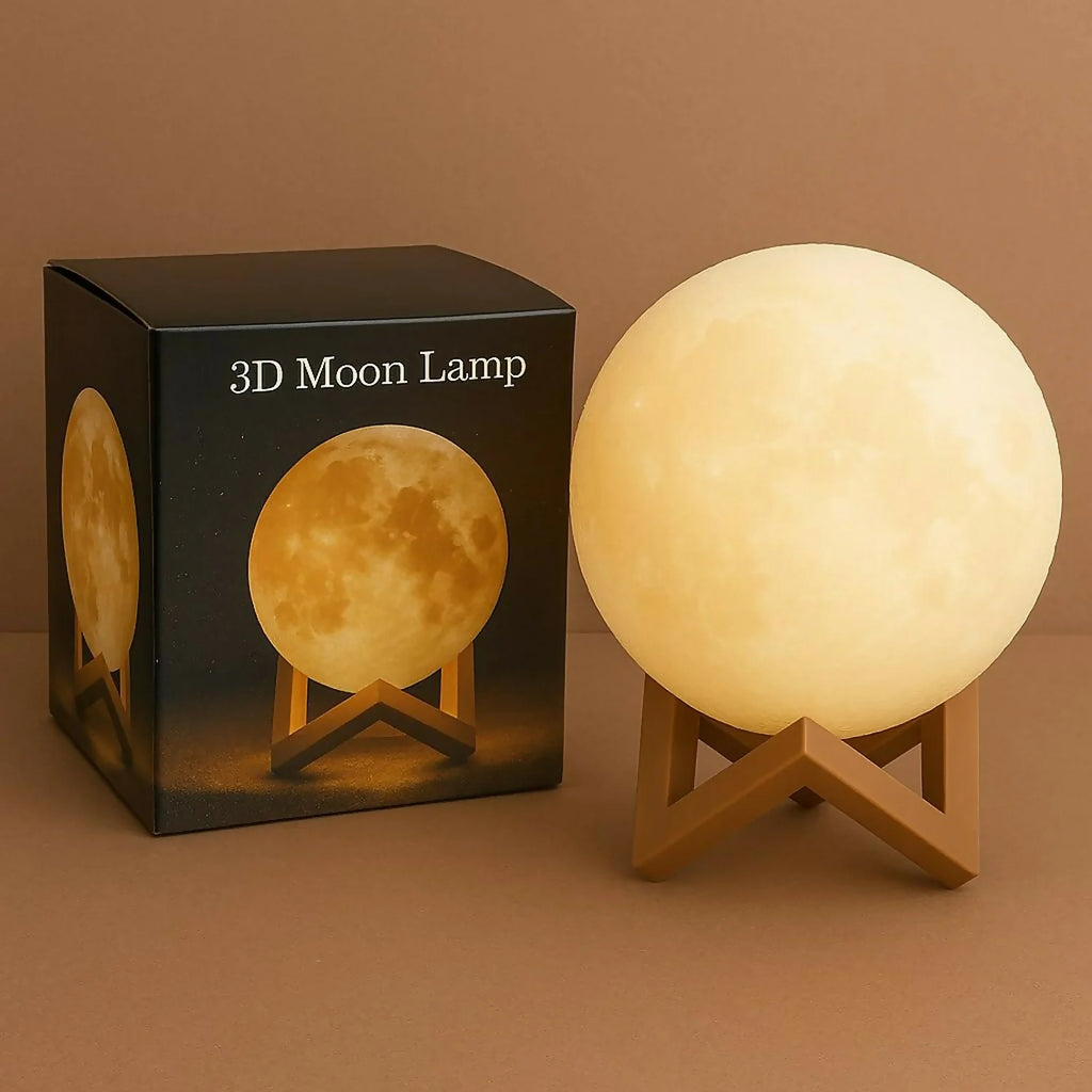 3D Moon Lamp – Rechargeable LED Night Light with Wooden Stand (Warm Ambient Bedroom Decor)