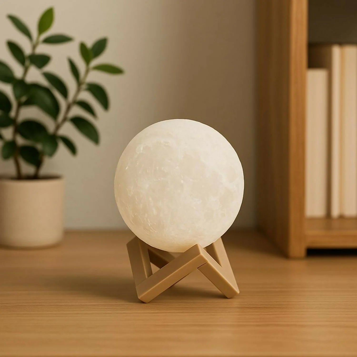 3D Moon Lamp – Rechargeable LED Night Light with Wooden Stand (Warm Ambient Bedroom Decor)